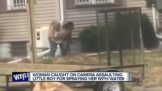Woman caught on camera assaulting little boy who sprayed her with water