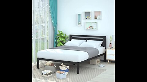 Metal Bed with Modern Industrial Design Headboard - 14 Inch Height for Under-Bed Storage