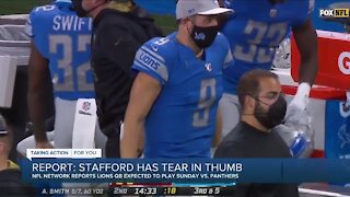 Report: Stafford has tear in thumb