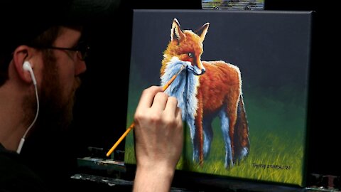 Acrylic Wildlife Painting of a Red Fox in Green Grass - Time-lapse - Artist Timothy Stanford