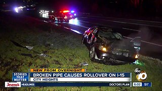 Driver says water from broken pipe led to I-15 rollover