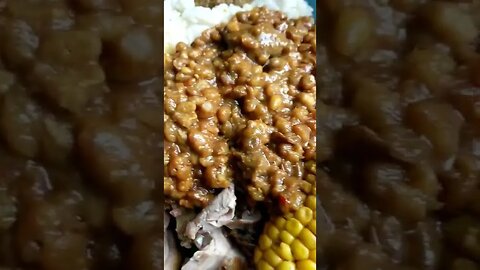 Cold duck and lentils, barley, sweetcorn on rice.
