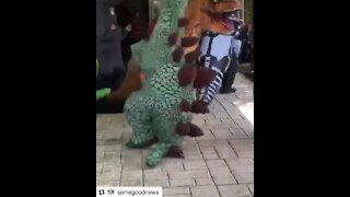Dance party consists of people dressed up in dinosaur costumes