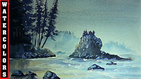 HOW TO PAINT A MISTY SEASCAPE WITH MISTY TREES AND ROCKS IN WATERCOLOR