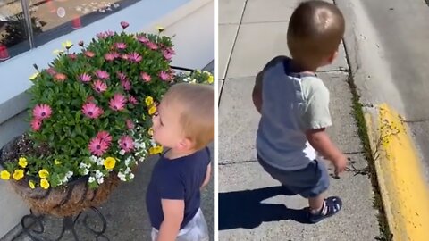 Mom Teaches Toddler To Smell Flowers, Now He Stops For Every Single Weed!