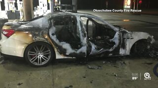 Car destroyed by fire while fueling up at Fort Drum Service Plaza