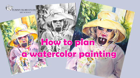 How to plan watercolor painting to avoid mistakes: fun portrait with a glass of wine