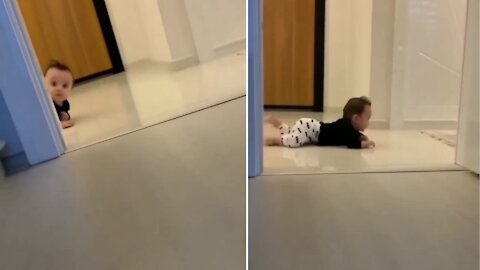 Baby found something special next to the room so she crawling like this