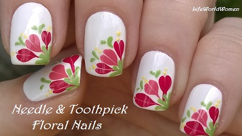 White Needle & Toothpick Floral Nail Art