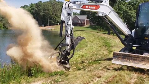 Mowing pond dam with Construction attachments 42" mini excavator brush cutter & bobcat e42