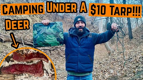 Overnight CAMPING With Cheap TARP SHELTER!!! (Venison In The Fire)