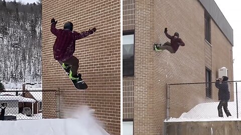 Snowboarder performs insane off the wall trick