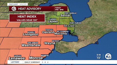 Metro Detroit Forecast: Heat Advisory from 1pm - 8pm, heat indices near 100