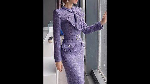 Women Elegant Stand Collar Plain Regular Fit Bow Dress 💜