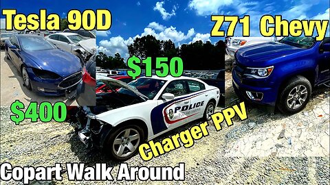 Tesla P90D, Charger PPV, Z71 Chevy, C7, Copart Walk Around