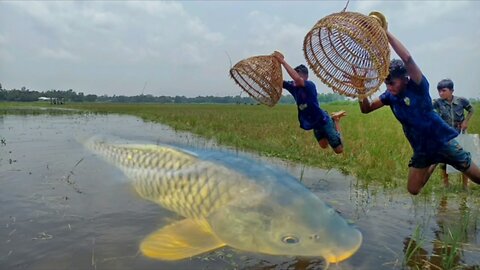Traditional boys catching big fish by polo! Unbelievable fishing technique!