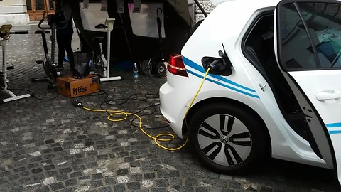 Electric VW, E-Golf charged on three bicycles
