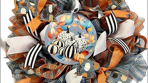 Part Two Fall Faded Blue with Black White Striped Pumpkin Deco Mesh Wreath |Hard Working Mom |How to