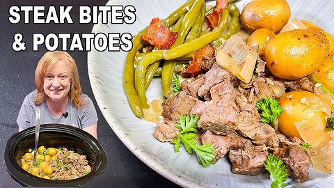 Slow Cooker BUTTERY GARLIC STEAK BITES & Potatoes in the Crockpot