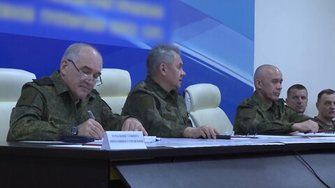 Russian Defence Minister General of the Army Sergei Shoigu inspects forces involved in the operation