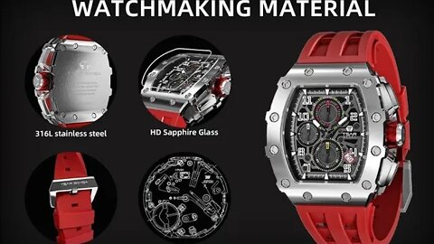 TSAR BOMBA Mens Watch Top Brand Luxury Tonneau Clock 50M Waterproof Stainless Steel
