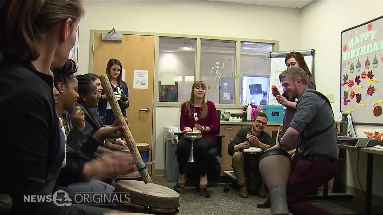 Doctors and nurses at University Hospitals use drum circle to relieve stress