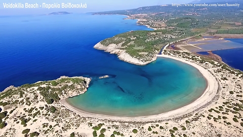 Drone footage of world famous Voidokilia Beach in Messinia, Greece