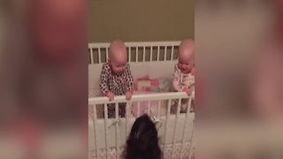 Twin Baby Girls Laugh Together With Their Mom