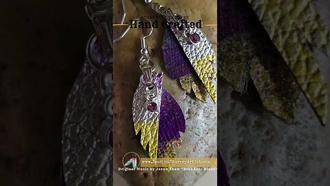 PURPLE AND GOLD, 1 inch, leather feather earrings