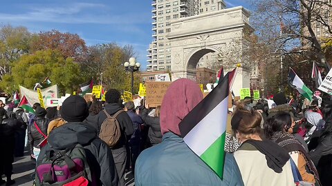 Pro-Palestinian protestors at Wash Square Park chant “Biden you’re a f*cking liar....
