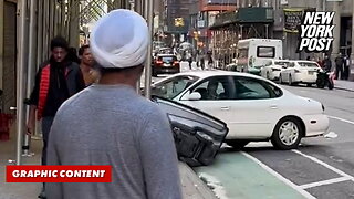 Wild road rage incident shows car plow onto NYC sidewalk, chases down pedestrian