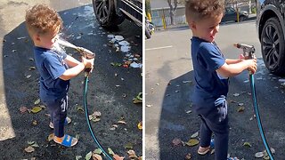 Kid Learns The Hard Way Not To Spray His Face With Water Hose