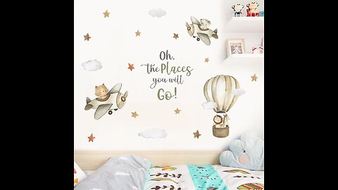 Watercolor Cartoon Lion Elephant Airplane Hot Air Balloon Clouds Wall Decals