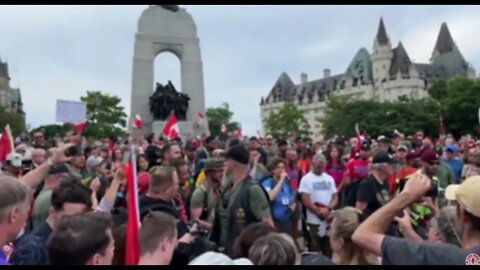 French and English versions of O Canada are sung in honour of James Topp and the Canada Marches Team