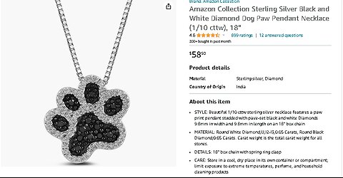 Sterling Silver Black and White Diamond Dog Paw Pendant Necklace