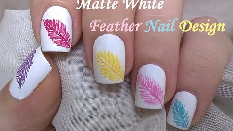 Matte White Feather Nail Design