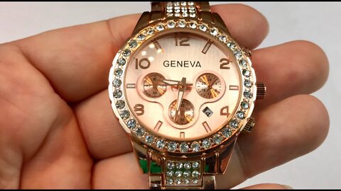 Fanmis Luxury Iced Out Pave Floating Crystal Quartz Calendar Rose Gold Watch review - giveaway