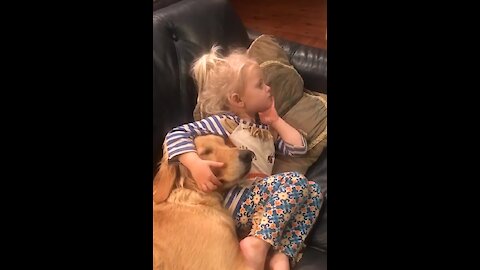 Little girls adorably snuggles with Golden Retriever
