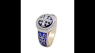 14K Gold Jerusalem Cross Christian Ring with Diamonds and Blue Enamel and Roman Crosses