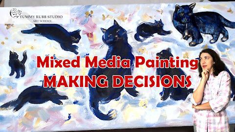 Painting with acrylics on canvas: mixed media cats creative process