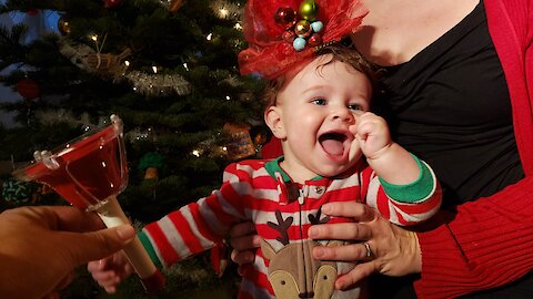 Baby & dog perform Christmas duet with bells