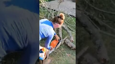 Her First Cut with a Chainsaw was kinda Scary 😬😂 #tiktok #trending #viral #shorts