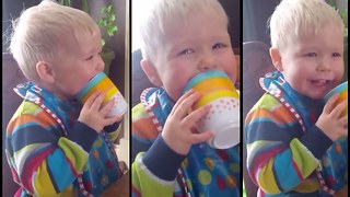 Toddler laughs hysterically at cup making rude noises