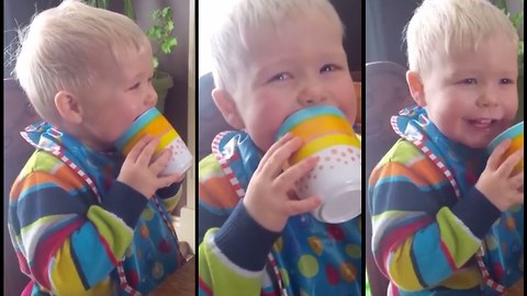 Toddler laughs hysterically at cup making rude noises