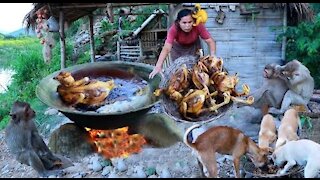 woman found 5 chicken with water spinach -Eating delicious HD