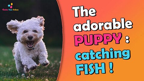 The adorable puppy displays his prowess at catching fish