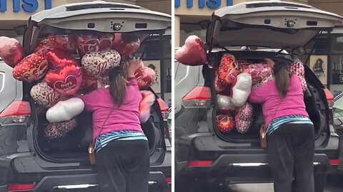 Woman hilariously struggles to fit balloons in her trunk