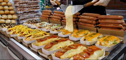 American-style hot dogs and pizza Cheese Korean street food with hot dogs