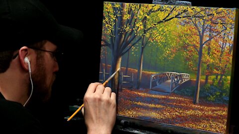 Acrylic Landscape Painting of Autumn Trees and Bridge - Time-lapse - Artist Timothy Stanford