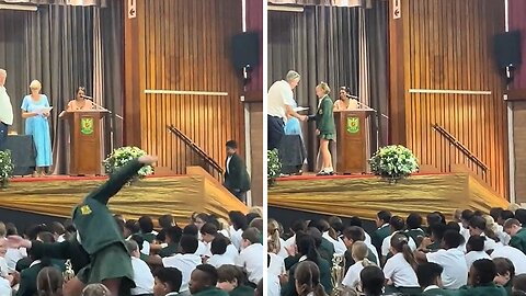 Girl hilariously falls during her achiever's assembly ceremony